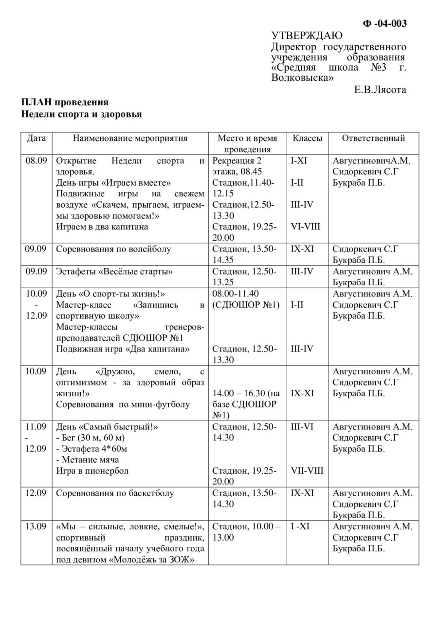 ПЛАН проведения Недели спорта и здоровья